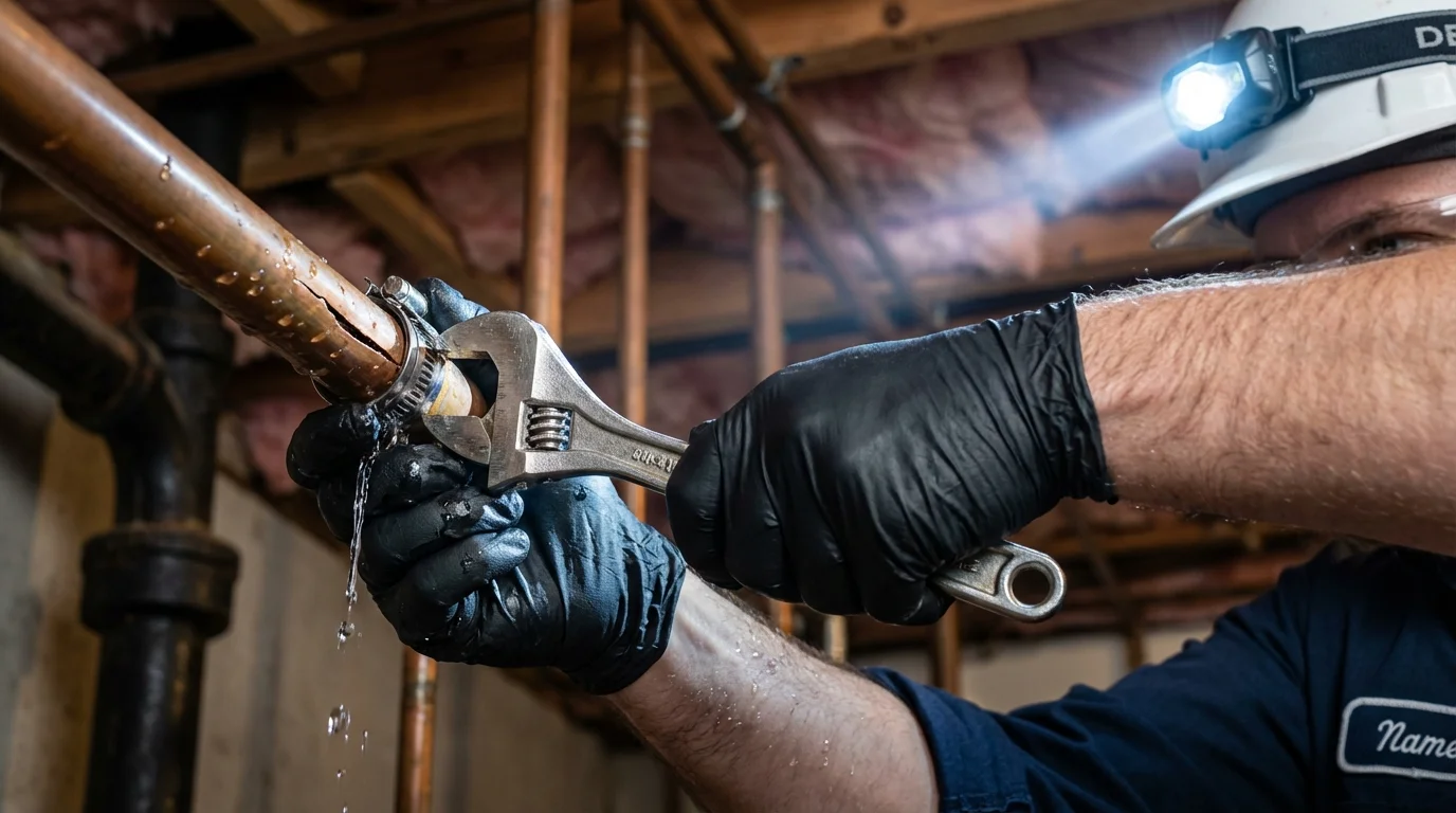 Emergency pipe clamp repair being performed by a Johns Plumbing LLC plumber in Erie