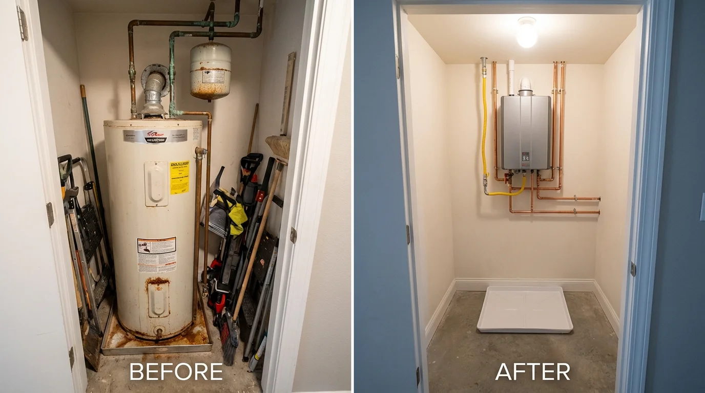 Tank water heater versus wall-mounted tankless unit comparison for Erie, IL homeowners