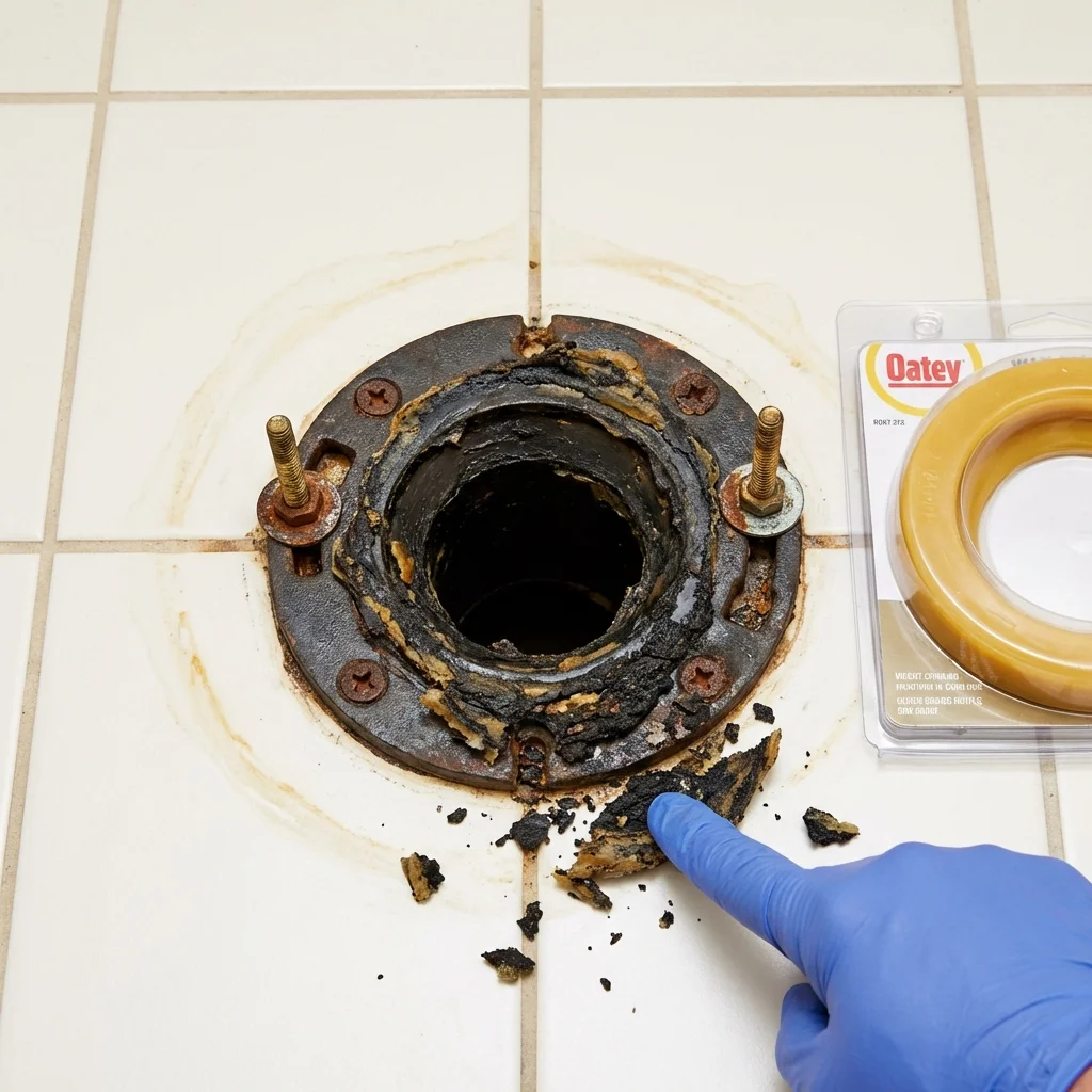 Failed wax ring showing water seepage at the base of a toilet in a Erie, IL home