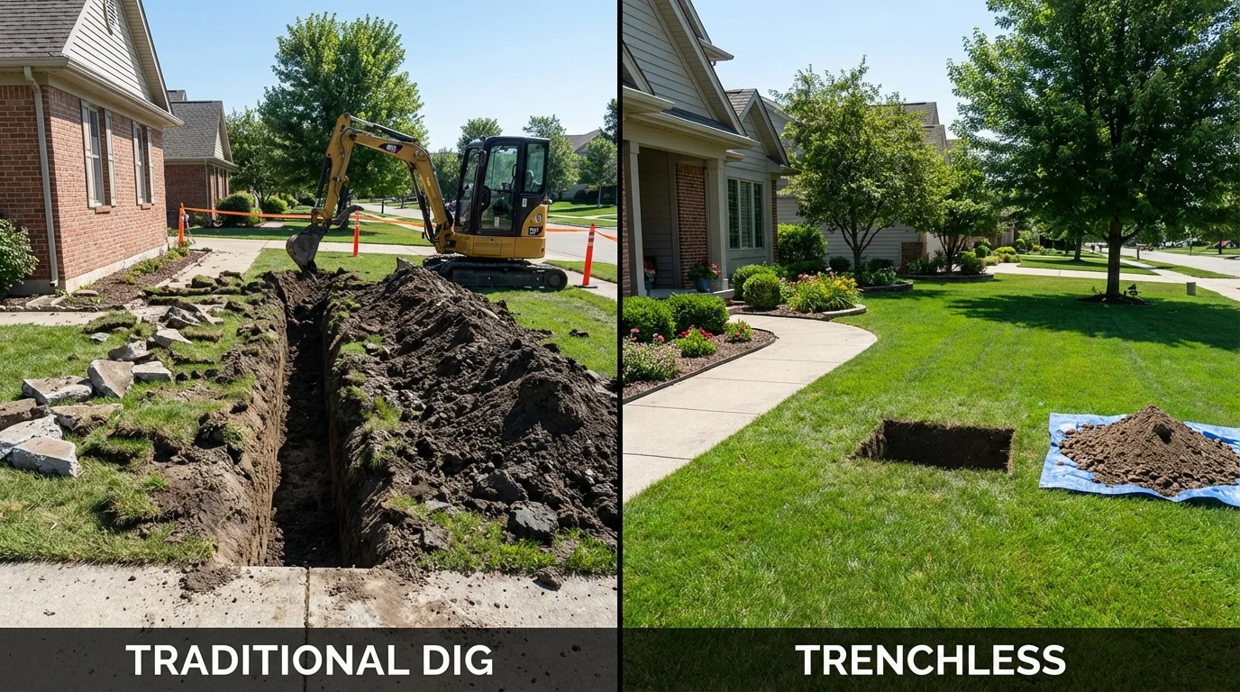Trenchless sewer repair with minimal yard damage versus traditional excavation in Erie, IL