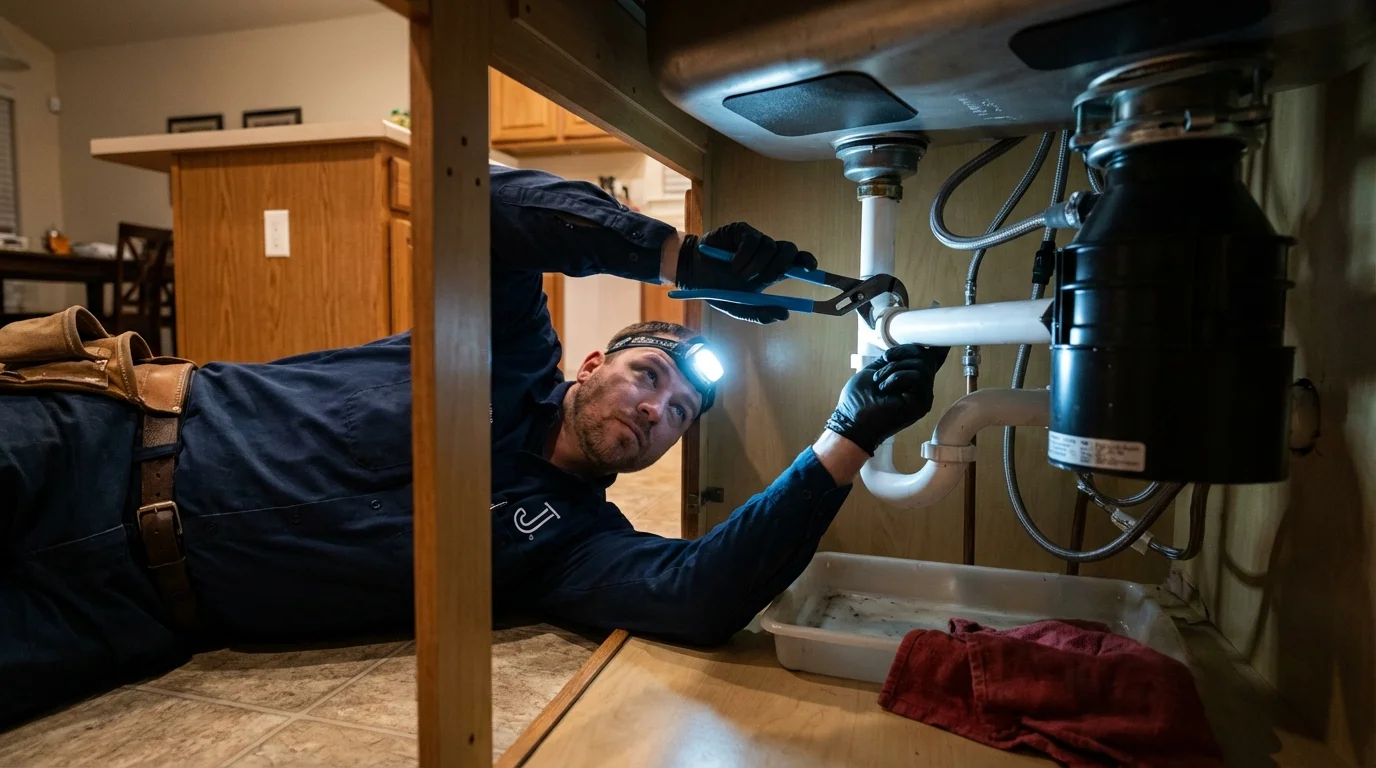 P-trap and supply line connections under a kitchen sink showing a common leak point in Erie, IL